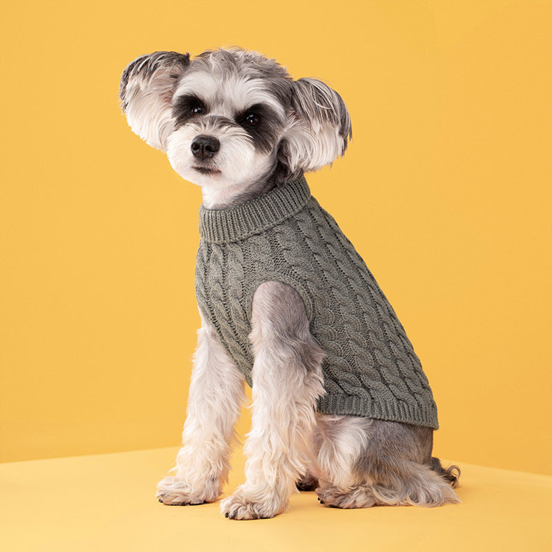 Autumn And Winter Pet Dog Cat Keep Warm Pure Color Classic Cable-knit Sweater Thickened Turtleneck Lapel Wool Clothes