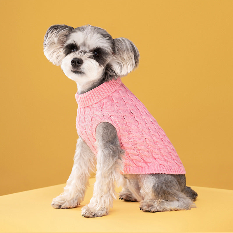 Autumn And Winter Pet Dog Cat Keep Warm Pure Color Classic Cable-knit Sweater Thickened Turtleneck Lapel Wool Clothes